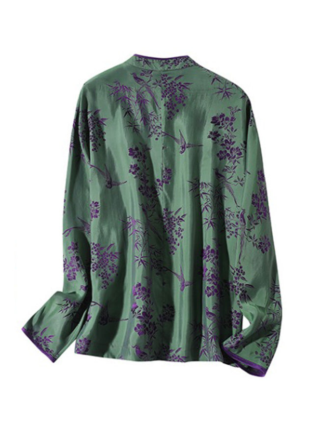 Jacquard Green Stand Collar Button Silk Shirt Spring LY0718