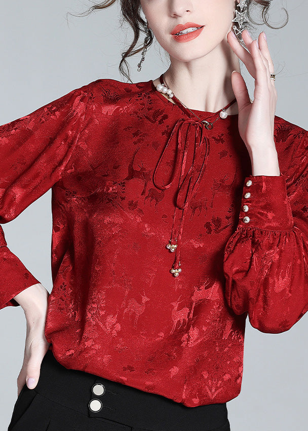 Jacquard Red O-Neck Neck TIie Silk Shirt Spring LY1020
