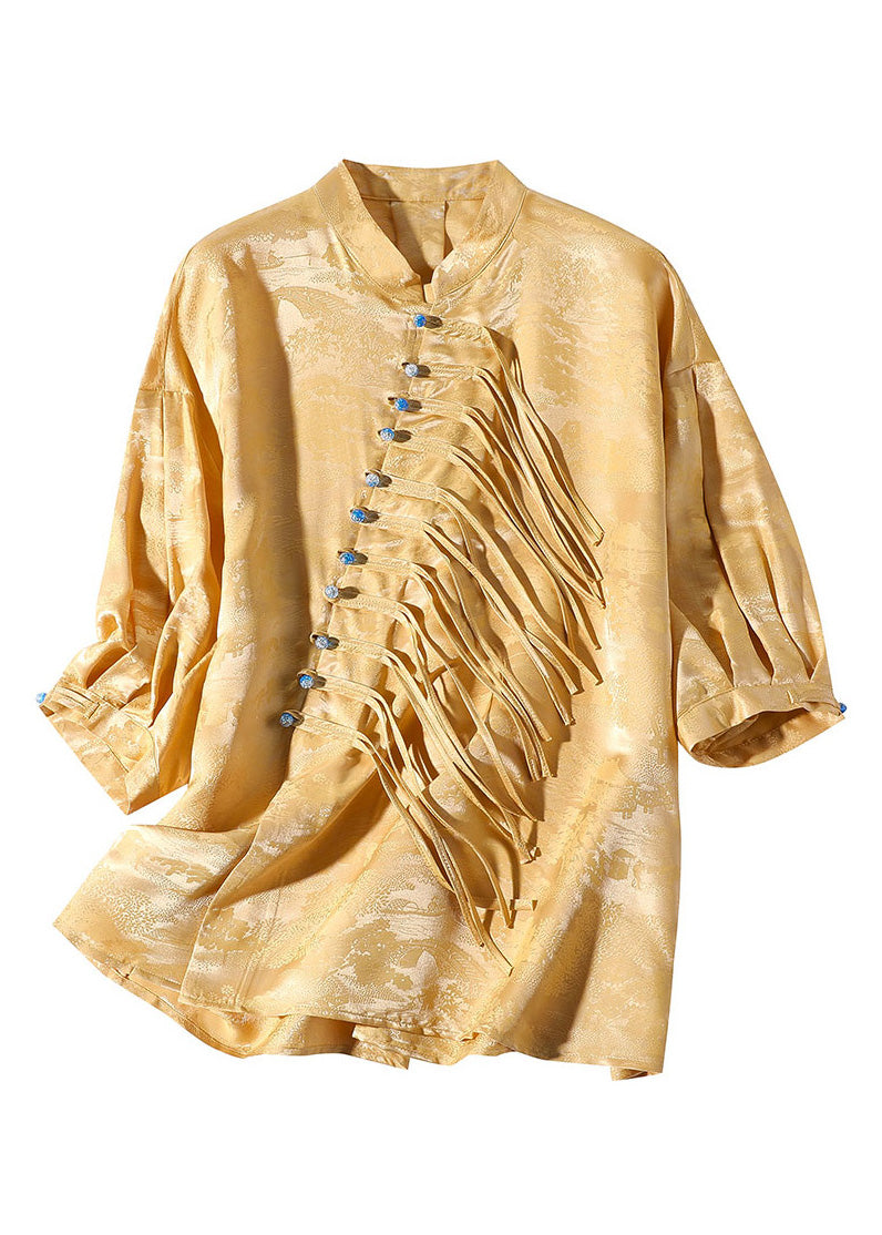 Jacquard Yellow Stand Collar Button Silk Shirt Long Sleeve LY0100