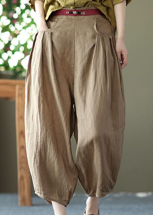 Khaki Pockets Patchwork Linen Crop Pants Elastic Waist Summer LY0593
