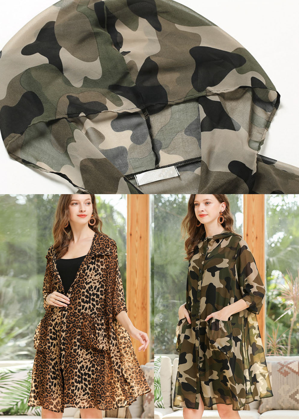 Leopard Chiffon UPF 50+ Cardigan Hooded Pockets Summer LY0317