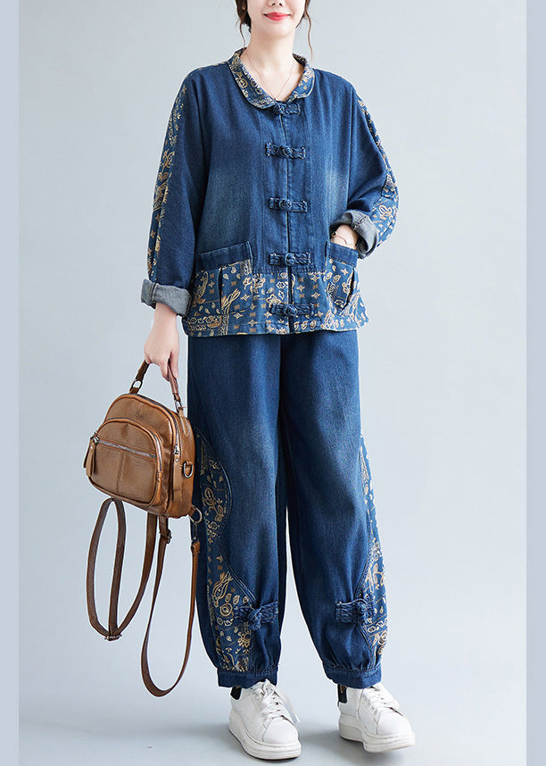 Loose Denim Blue Peter Pan Collar Print Coats And Lantern Pants Two Pieces Set Spring LY0659