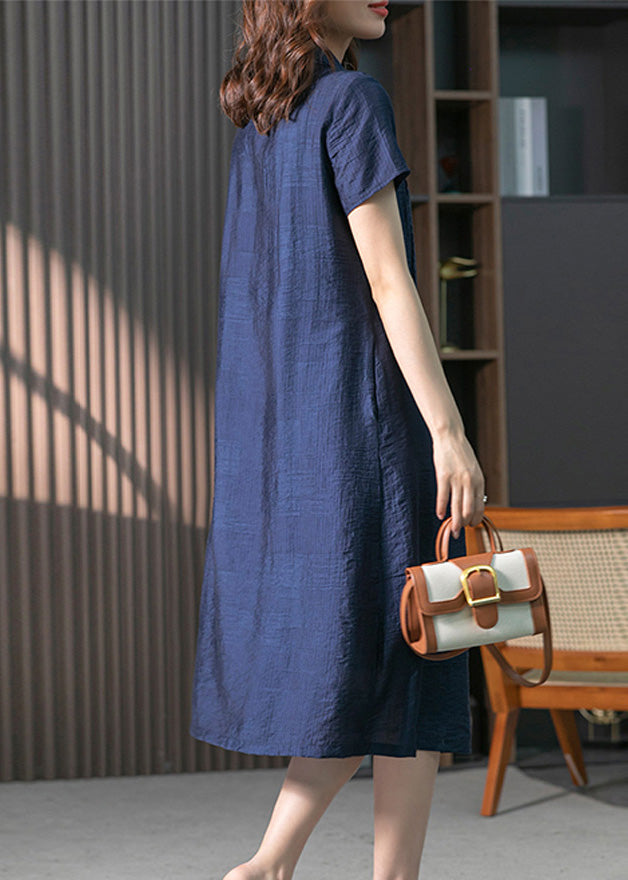 Loose Navy Peter Pan Collar Button Solid Long Dresses Short Sleeve LY1758