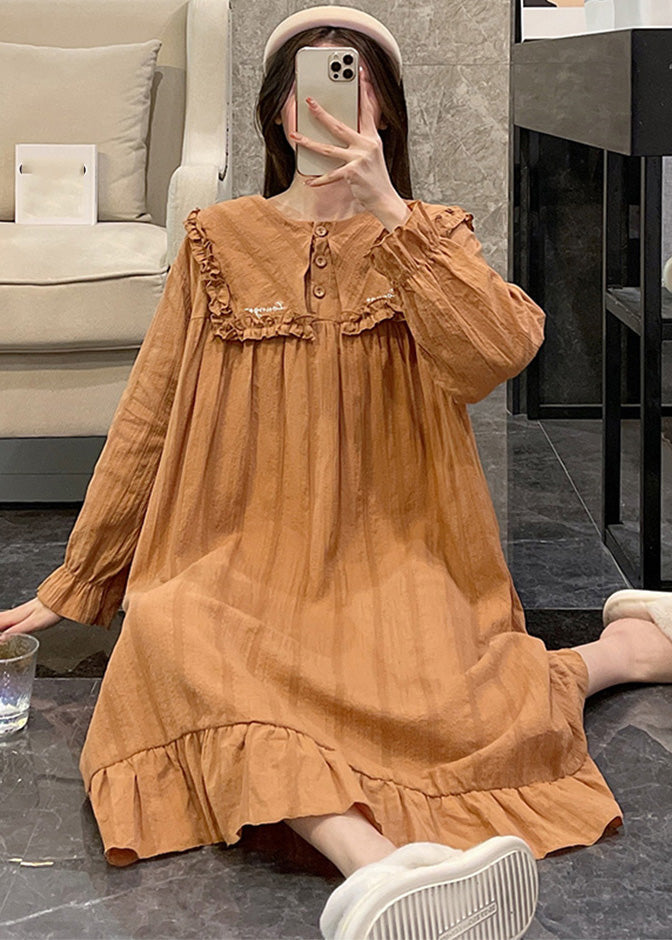 Loose Orange Sailor Collar Patchwork Wrinkled Solid Cotton Maxi Dress Long Sleeve LY1868