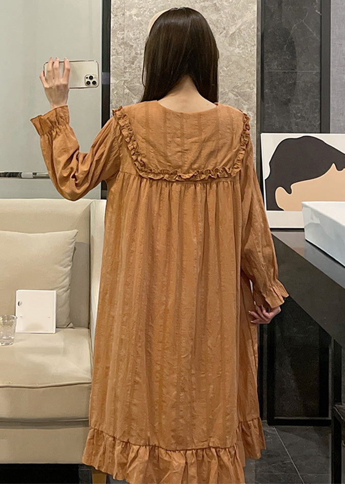 Loose Orange Sailor Collar Patchwork Wrinkled Solid Cotton Maxi Dress Long Sleeve LY1868