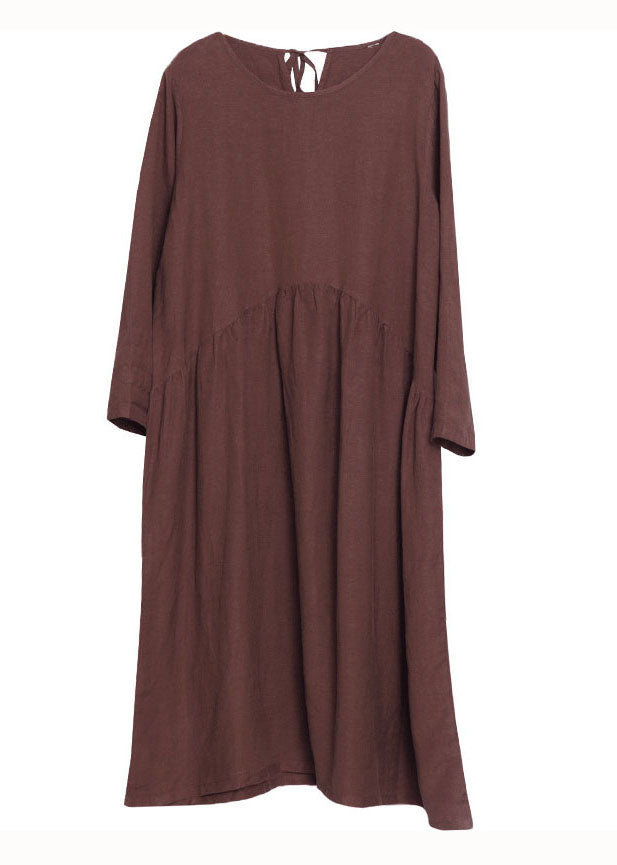 Loose Rust Red O Neck Wrinkled Patchwork Long Linen Dress Spring LC0448