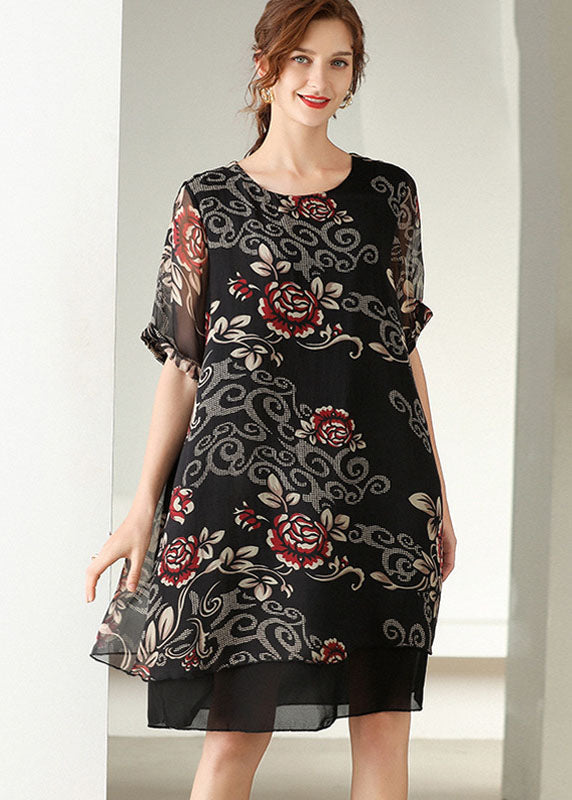 Modern Black O Neck Print Patchwork Silk Dress Summer LY0008