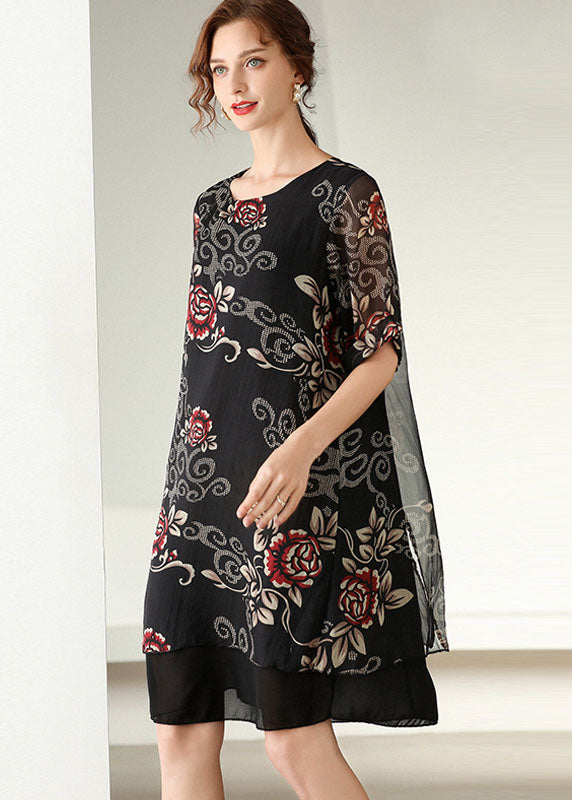Modern Black O Neck Print Patchwork Silk Dress Summer LY0008