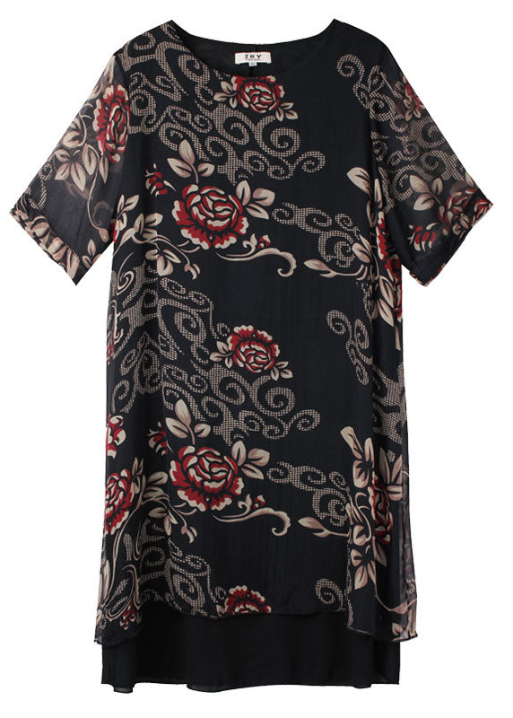 Modern Black O Neck Print Patchwork Silk Dress Summer LY0008