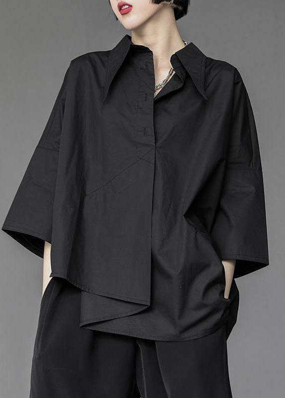 Modern Black Peter Pan Collar Asymmetrical Patchwork Button Shirt Spring AH036