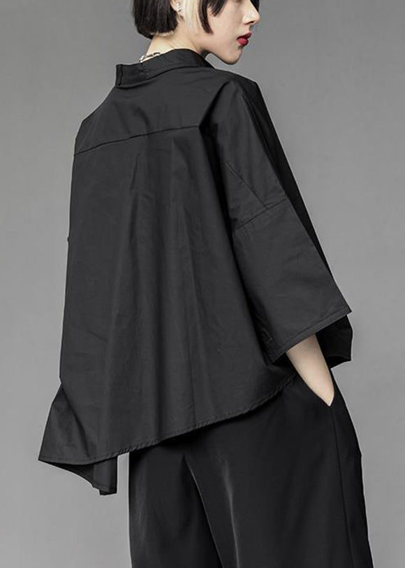 Modern Black Peter Pan Collar Asymmetrical Patchwork Button Shirt Spring AH036