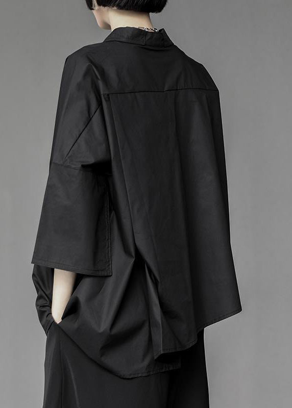 Modern Black Peter Pan Collar Asymmetrical Patchwork Button Shirt Spring AH036