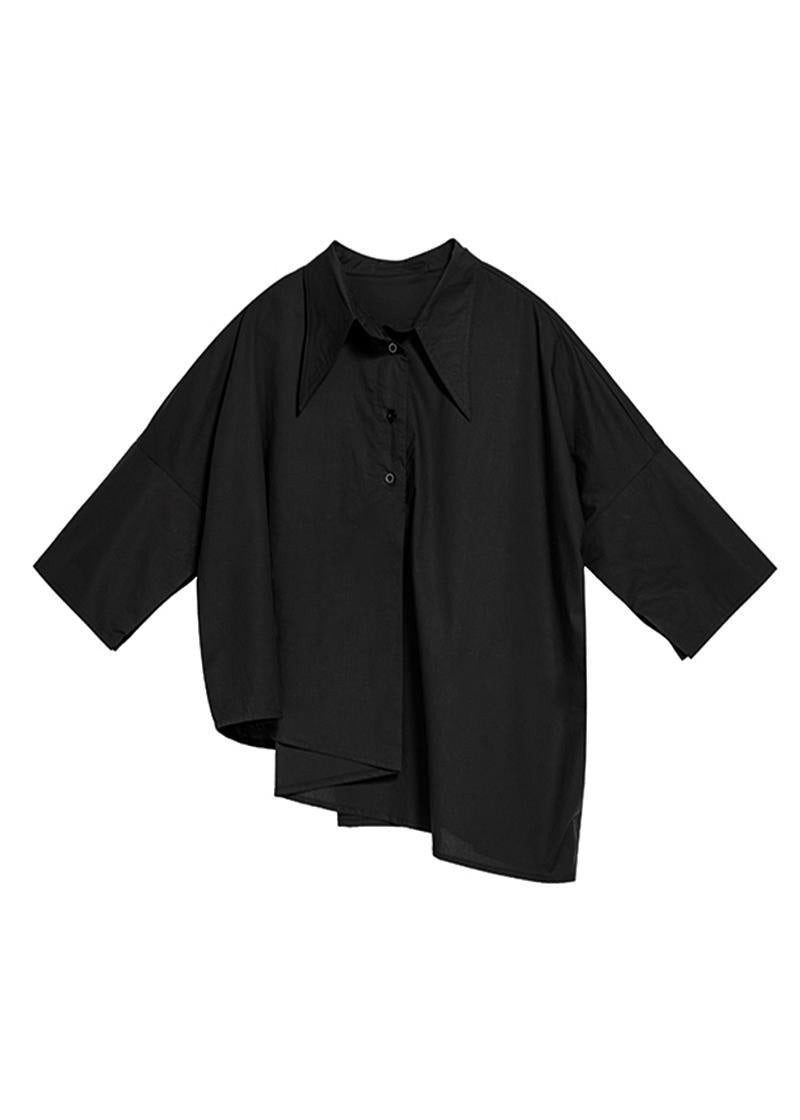 Modern Black Peter Pan Collar Asymmetrical Patchwork Button Shirt Spring AH036