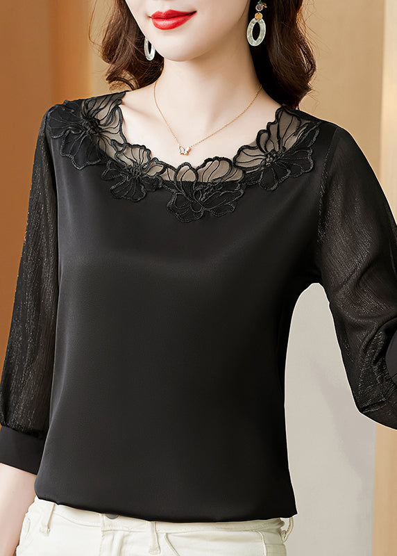 Modern Blackish Green Oversized Patchwork Lace Silk Top Bracelet Sleeve LY0422
