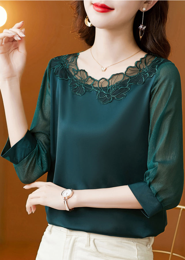 Modern Blackish Green Oversized Patchwork Lace Silk Top Bracelet Sleeve LY0422