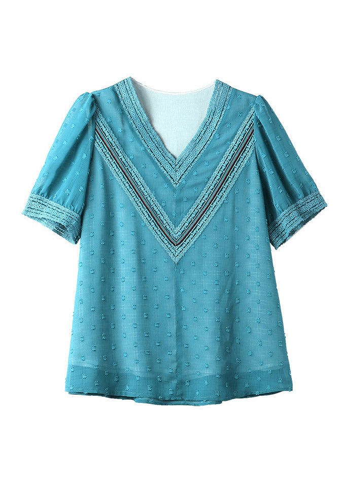 Modern Blue V Neck Patchwork Chiffon T Shirt Short Sleeve LY1487