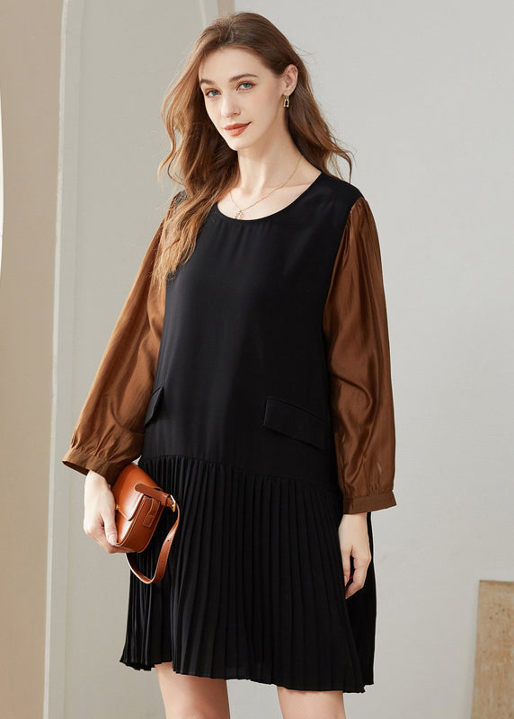 Modern Colorblock O-Neck Oversized Patchwork Chiffon Pleated Dress Spring LY0277