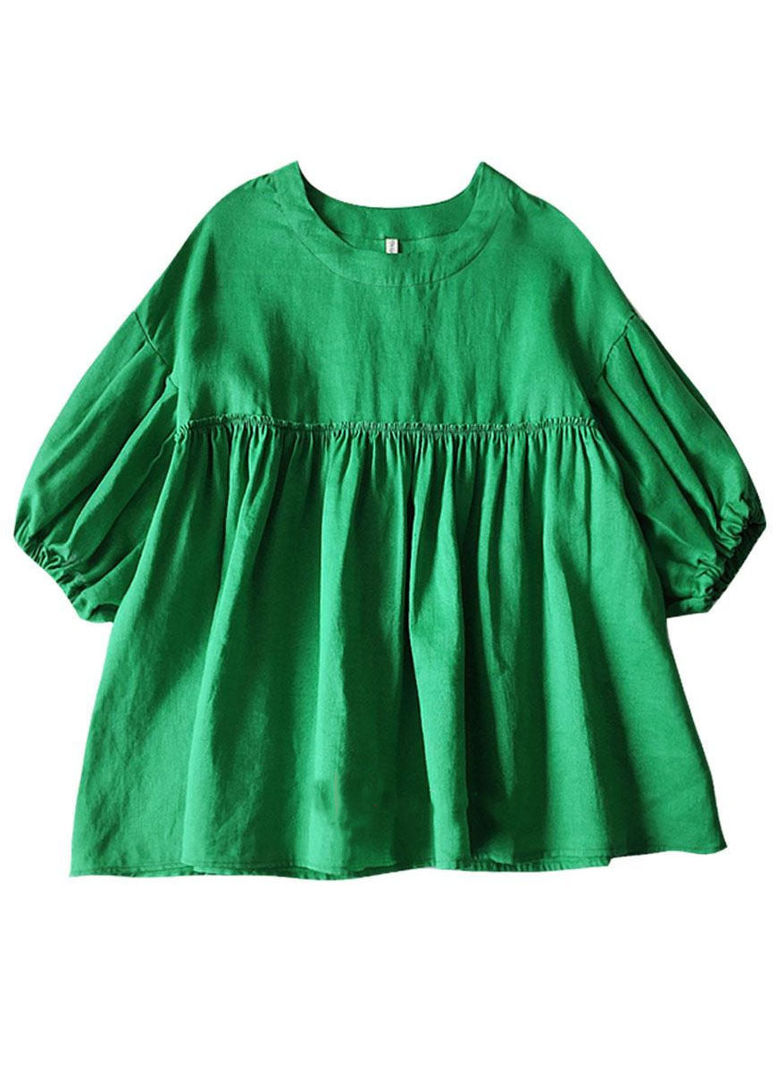 Modern Green O Neck Wrinkled Patchwork Cotton Tops Summer LY1314