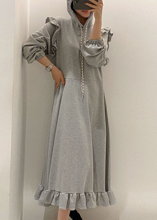 Modern Grey Hooded Ruffled Patchwork Cotton Dresses Spring LY1361