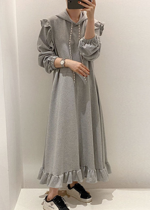 Modern Grey Hooded Ruffled Patchwork Cotton Dresses Spring LY1361
