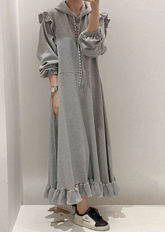 Modern Grey Hooded Ruffled Patchwork Cotton Dresses Spring LY1361