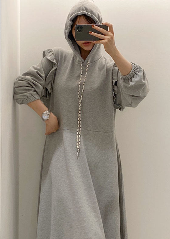 Modern Grey Hooded Ruffled Patchwork Cotton Dresses Spring LY1361