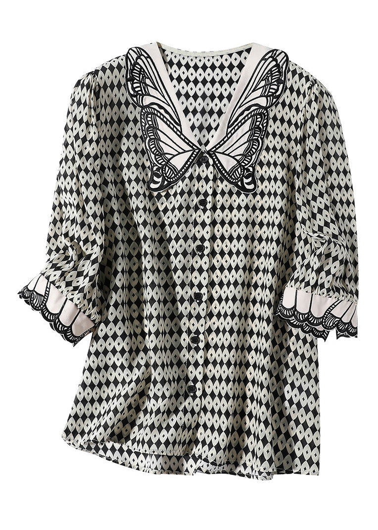 Modern Peter Pan Collar Print Silk Shirt Half Sleeve LY0130