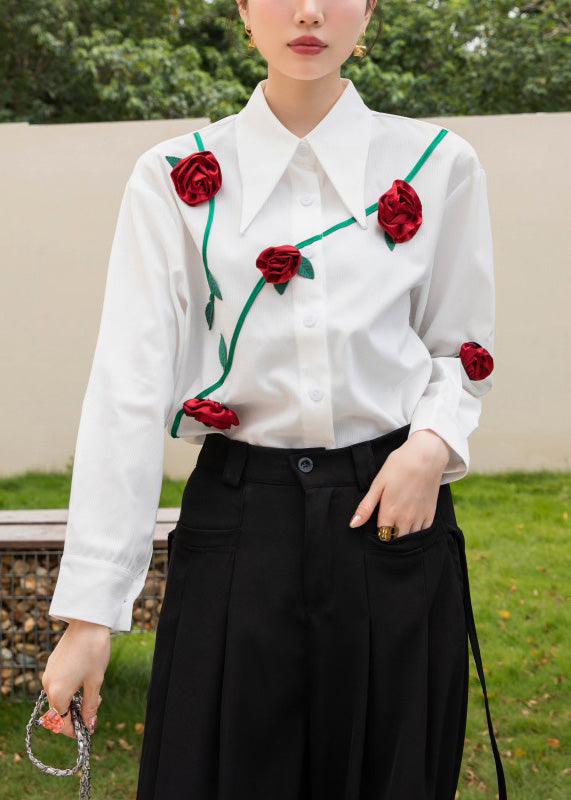 Modern White Peter Pan Collar Floral Button Cotton Shirt Spring LY0757
