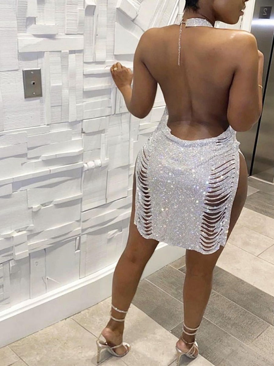 SXY Sequined Backless Thigh Slit Dress AT9025