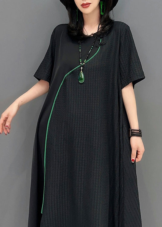 Natural Black O-Neck Patchwork Long Dresses Short Sleeve LC0306