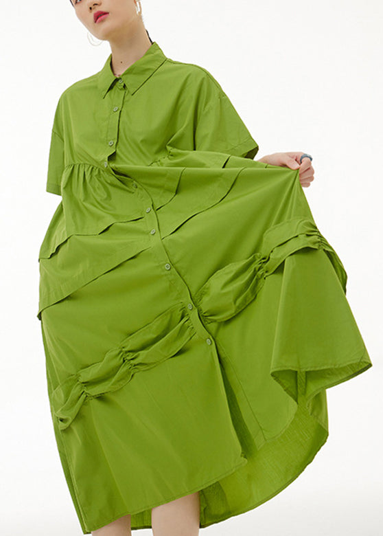 Natural Green Wrinkled Button Maxi Dress Summer LY1092