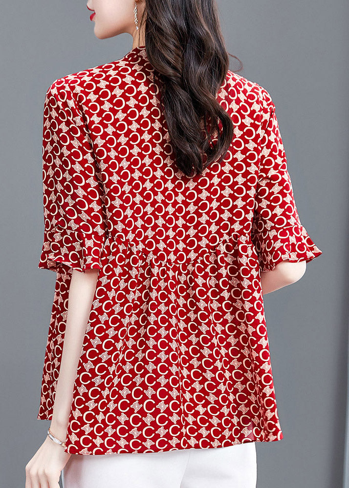Natural Red V Neck Print Shirt Half Sleeve LY1531