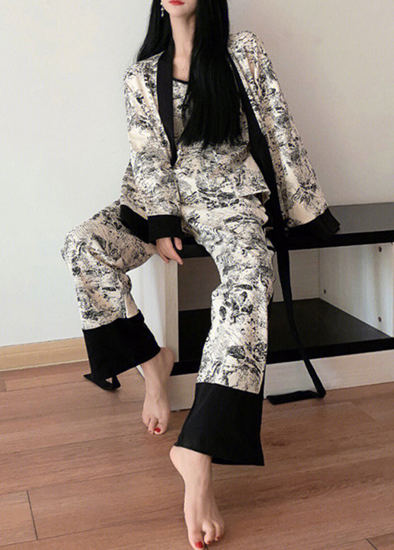 Natural V Neck Print Patchwork Ice Silk Pajamas Three Pieces Set Spring LY1874