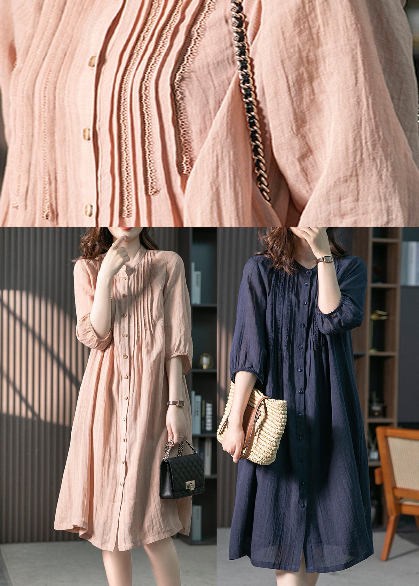 Navy Wrinkled Solid Linen Long Dresses Long Sleeve LY1746