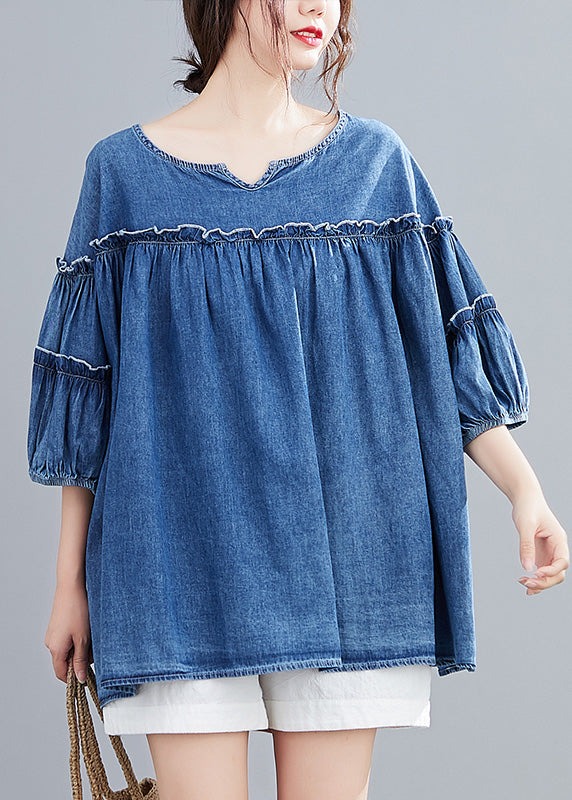 Novelty Denim Blue O-Neck Ruffled Patchwork Silk Cotton Top Half Sleeve AC2037