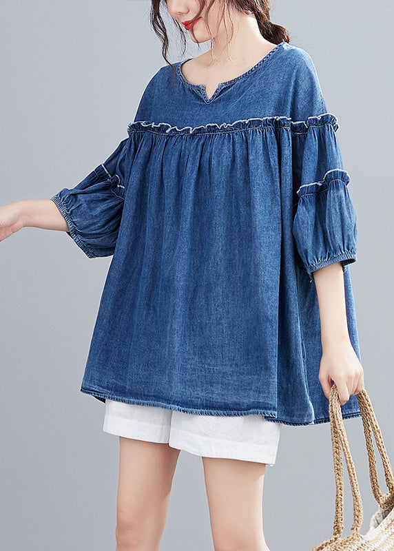 Novelty Denim Blue O-Neck Ruffled Patchwork Silk Cotton Top Half Sleeve AC2037