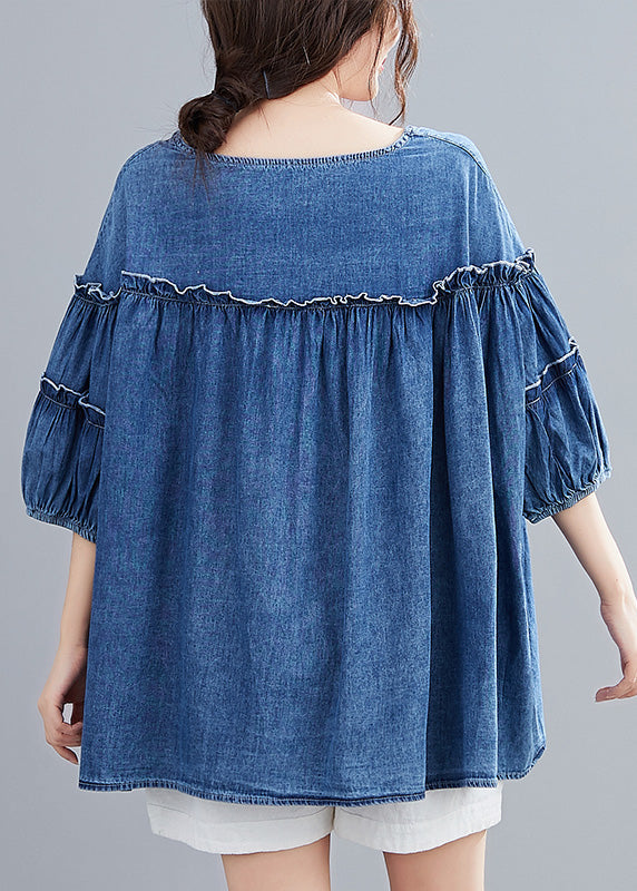 Novelty Denim Blue O-Neck Ruffled Patchwork Silk Cotton Top Half Sleeve AC2037