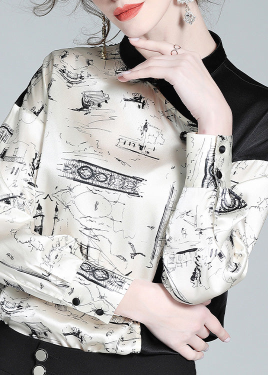 Novelty White Patchwork Black Stand Collar Button Silk Shirts Long Sleeve AC3027