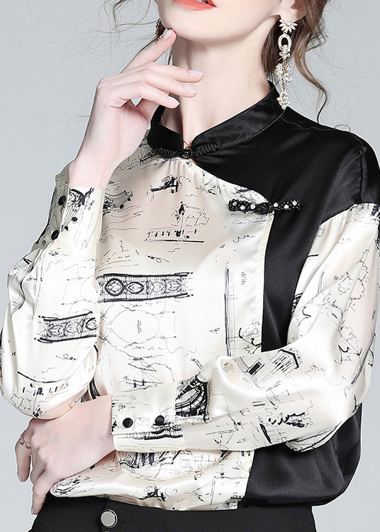 Novelty White Patchwork Black Stand Collar Button Silk Shirts Long Sleeve AC3027