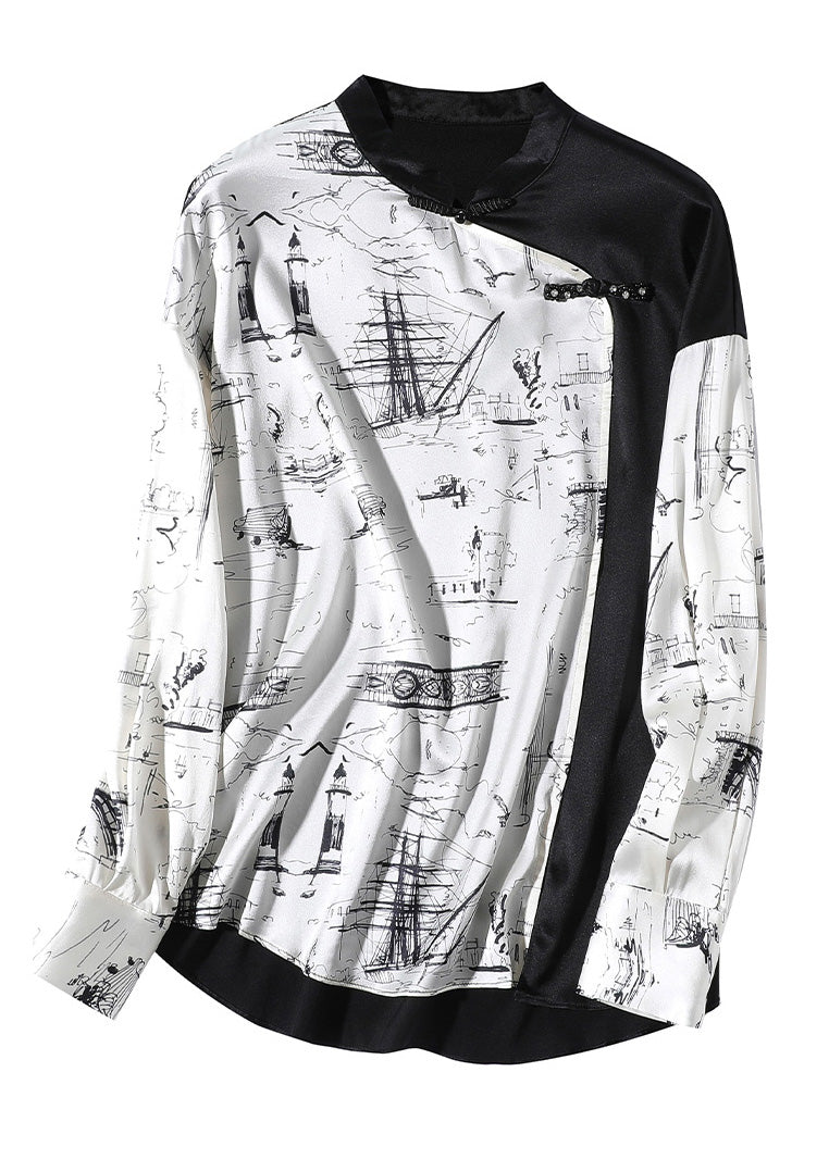 Novelty White Patchwork Black Stand Collar Button Silk Shirts Long Sleeve AC3027