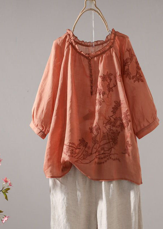 Orange Patchwork Linen T Shirt Embroideried O-Neck Half Sleeve LY0588
