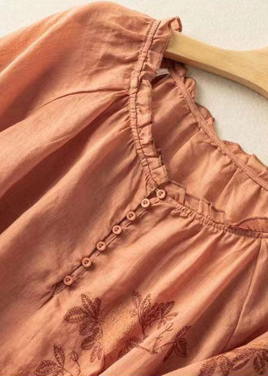 Orange Patchwork Linen T Shirt Embroideried O-Neck Half Sleeve LY0588