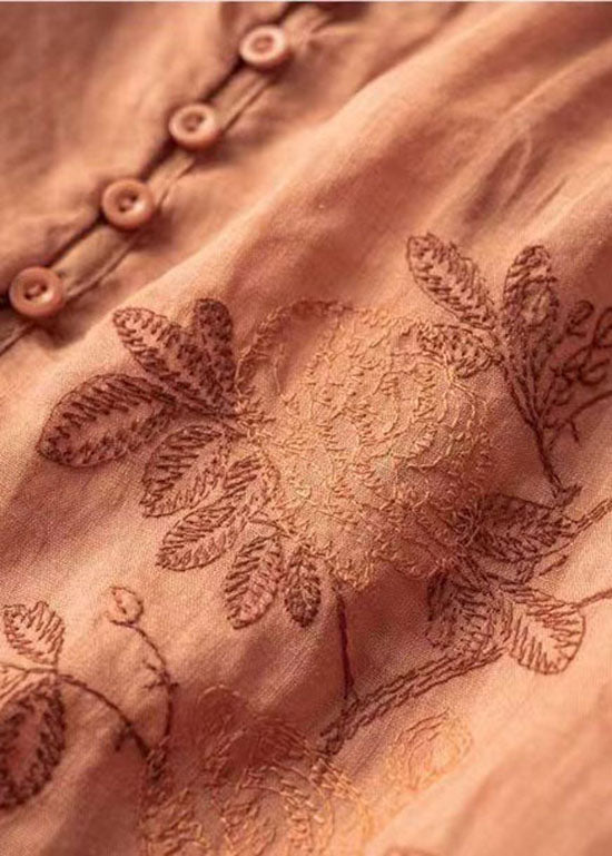 Orange Patchwork Linen T Shirt Embroideried O-Neck Half Sleeve LY0588
