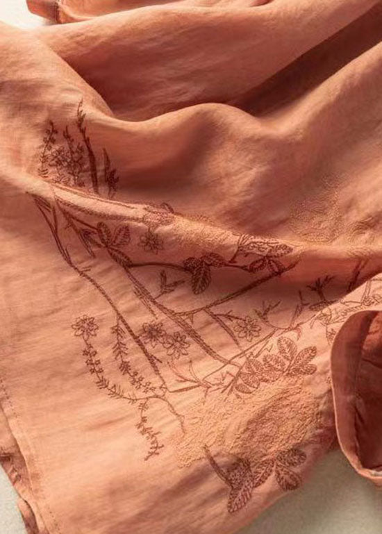 Orange Patchwork Linen T Shirt Embroideried O-Neck Half Sleeve LY0588