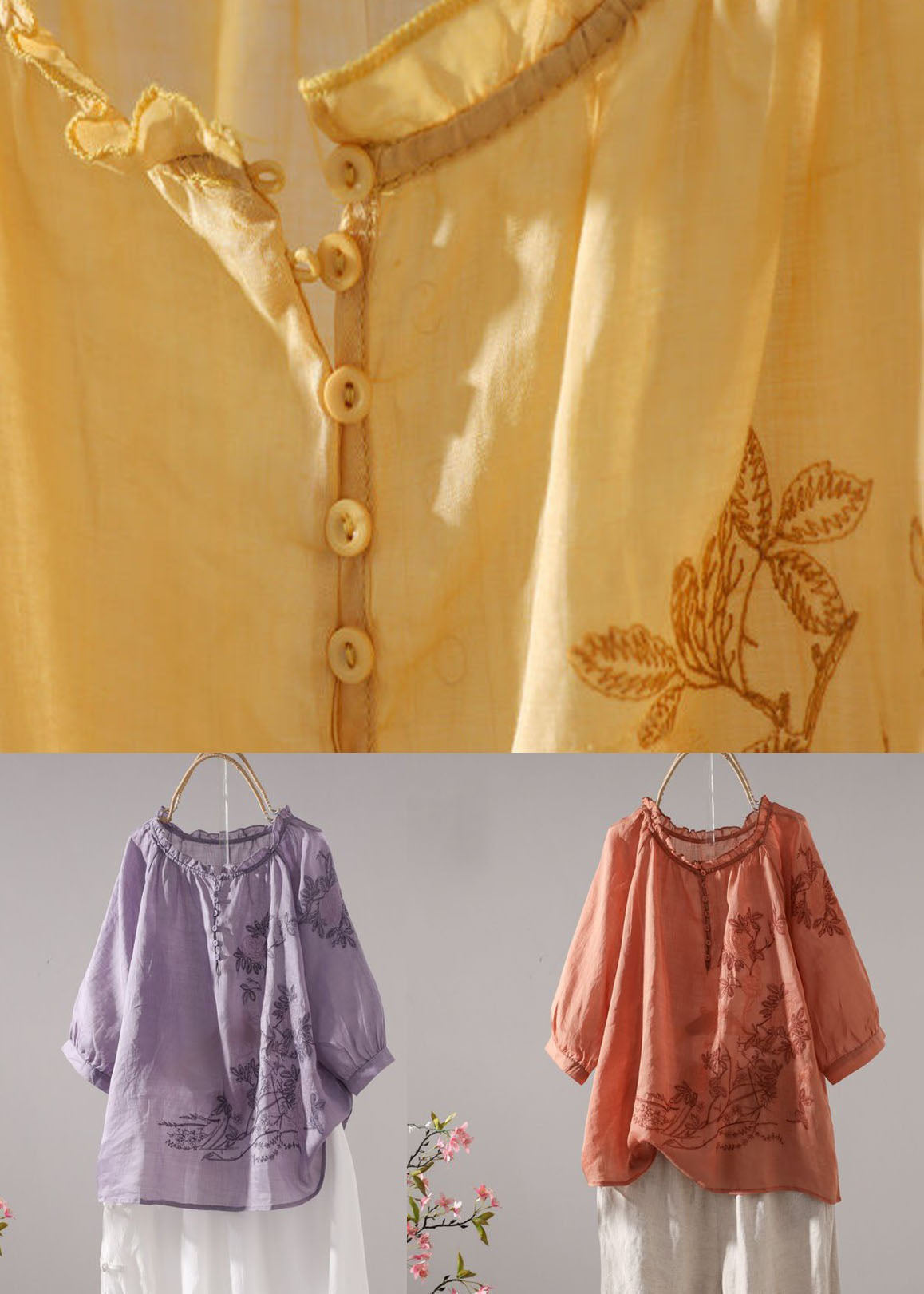 Orange Patchwork Linen T Shirt Embroideried O-Neck Half Sleeve LY0588