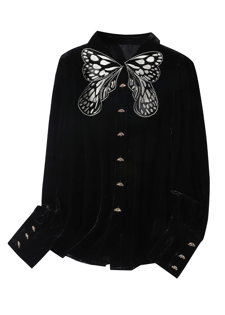 Organic Black Peter Pan Collar Embroideried Butterfly Button Velour Shirts Long Sleeve LY0105