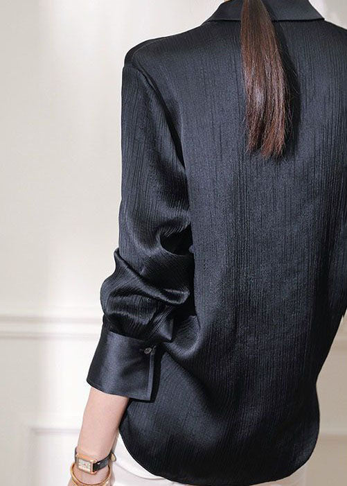 Organic Black Peter Pan Collar Wrinkled Patchwork Silk Shirts Spring LY1411