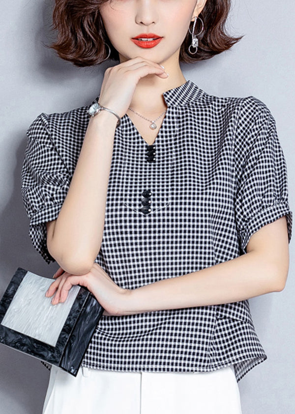 Organic Black V Neck Plaid Chiffon Shirt Lantern Sleeve LY0414