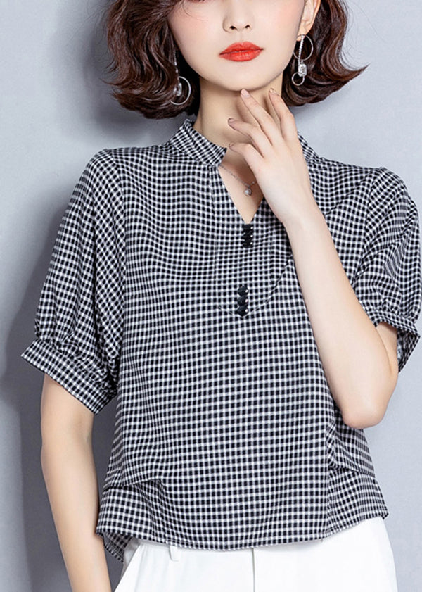Organic Black V Neck Plaid Chiffon Shirt Lantern Sleeve LY0414