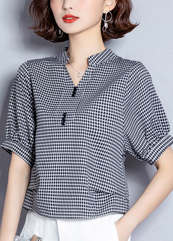 Organic Black V Neck Plaid Chiffon Shirt Lantern Sleeve LY0414